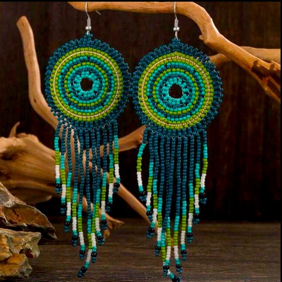 New Southwestern Seed Bead‎ Earrings Blue Green Boho Chic Tassel - Picture 1 of 4